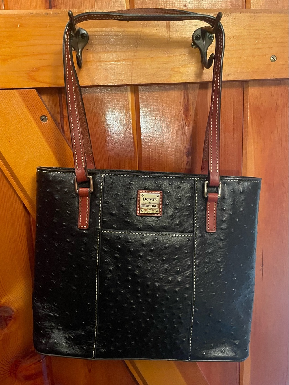 Dooney & Bourke Lexington Black Leather Ostrich-Embossed Tote with Brown Handles
